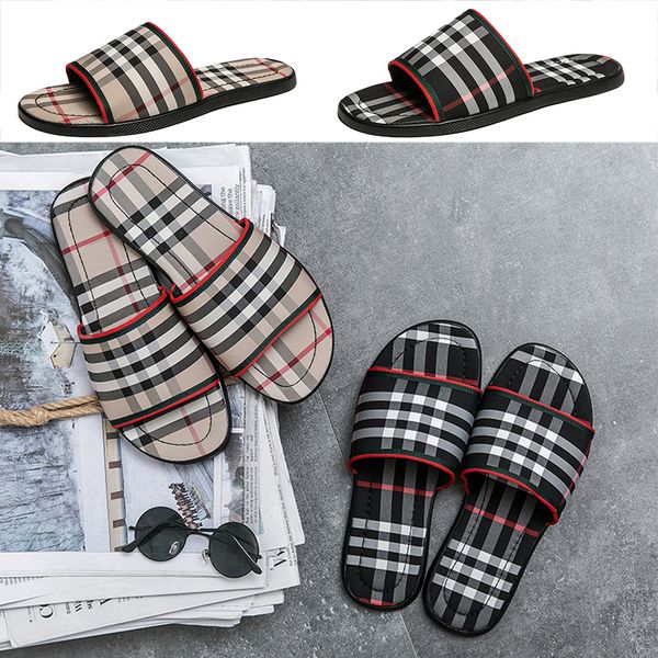 

luxury grid pattern slipper men brand designer slides fashion summer beach flat sandals stripe slippers black khaki outdoor indoor flip flop