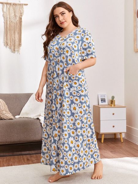 plus daisy floral print button front pocket detail nightdress u2d5#, Black;white