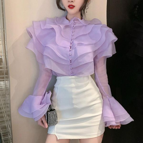 women's blouses & shirts fahsion ruffles femme elegant long sleeve organza lady, White
women's blouses & shirts fahsion ruffles femme elegant long sleeve organza lady, White
