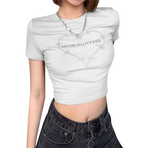 women's t-shirt slim casual crop summer short sleeve drilling lettering printed round neck trendy shirt corsets, White
women's t-shirt slim casual crop summer short sleeve drilling lettering printed round neck trendy shirt corsets, White