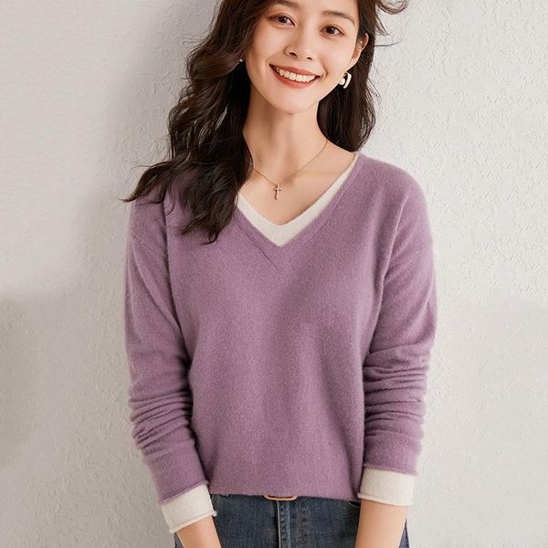 women's sweaters soft touch simple beauty 100% wool color matching v-neck full sweater women autumn winter fake two-piece shirt, White;black
women's sweaters soft touch simple beauty 100% wool color matching v-neck full sweater women autumn winter fake two-piece shirt, White;black
