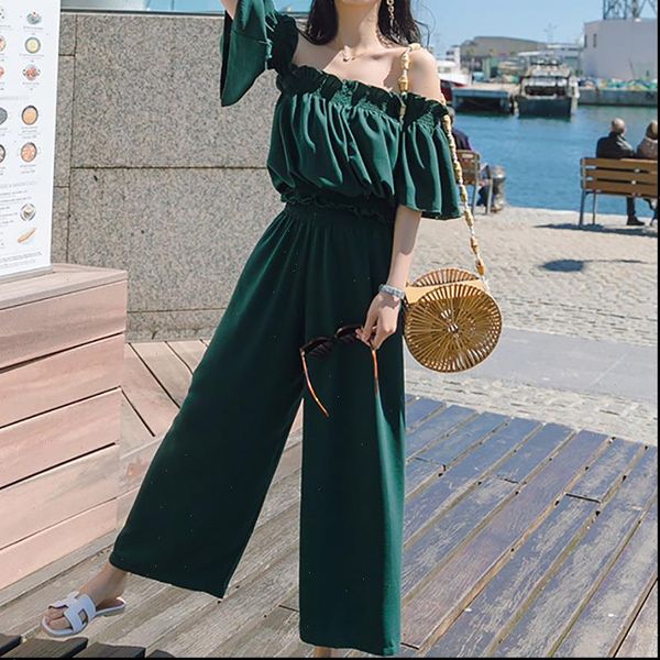 2021 summer two piece outfits women off shoulder jumpsuits palazzo playsuits party ruffle strap women summer jumpsuits, Gray 
2021 summer two piece outfits women off shoulder jumpsuits palazzo playsuits party ruffle strap women summer jumpsuits, Gray