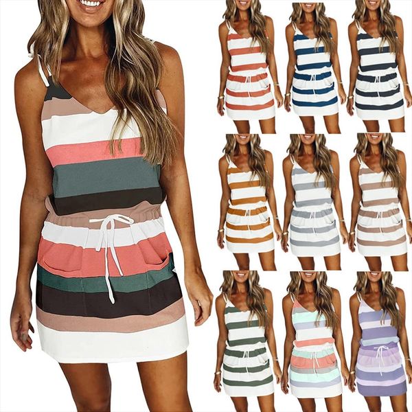 style halter striped european and women dress american summer vest pocket with drawstring color sling, Black;gray
style halter striped european and women dress american summer vest pocket with drawstring color sling, Black;gray