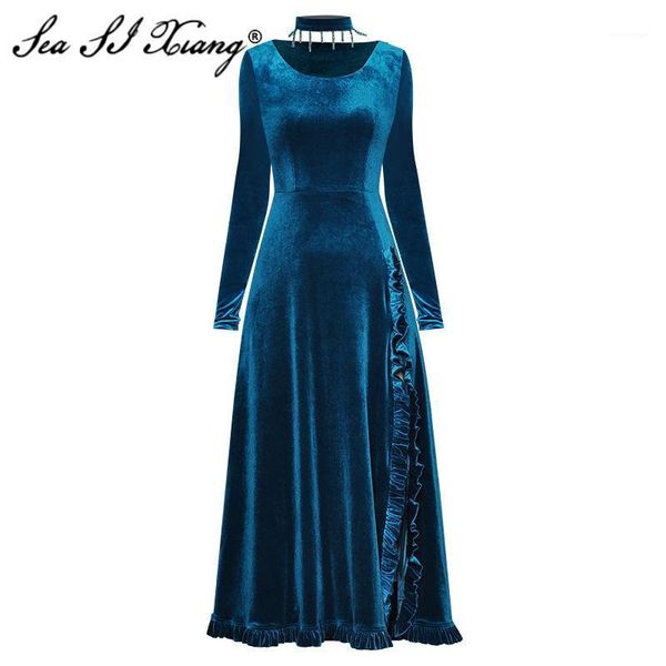 seasixiang fashion designer spring velvet dress women's long sleeve beading o-neck ruffles split dresses casual, Black;gray
seasixiang fashion designer spring velvet dress women's long sleeve beading o-neck ruffles split dresses casual, Black;gray
