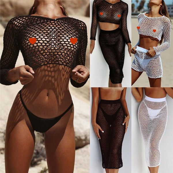 women's swimwear 2021 women fishnet mesh bikini cover ups long sleeve beach t shirt and skirt hollow out bathing suit beachwear, White;black 
women's swimwear 2021 women fishnet mesh bikini cover ups long sleeve beach t shirt and skirt hollow out bathing suit beachwear, White;black