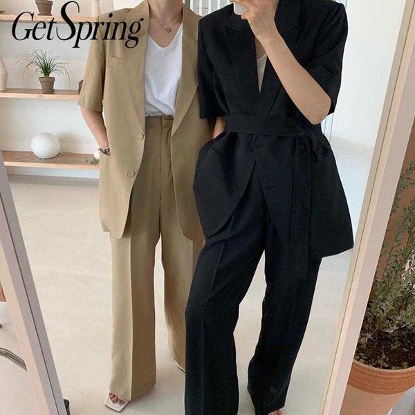 getspring women set woemn pants single breasted lace up loose blazer coat with high waist wide leg 2 piece 210601, White;black
getspring women set woemn pants single breasted lace up loose blazer coat with high waist wide leg 2 piece 210601, White;black