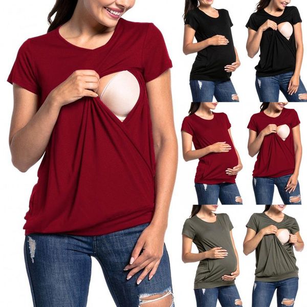 

women's t-shirt maternity fashion women solid short sleeve breast-feeding pregnant woman clothes camisetas de mujer, White