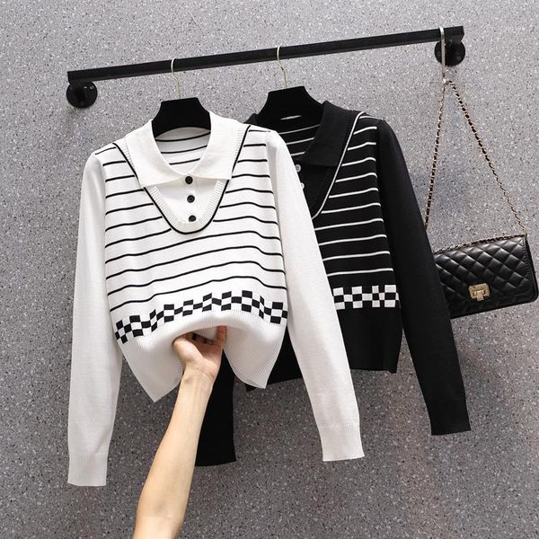 women's sweaters black white striped plus large size oversize korean style fashion pullovers for autumn clothing ladies 2021 top, White;black
women's sweaters black white striped plus large size oversize korean style fashion pullovers for autumn clothing ladies 2021 top, White;black