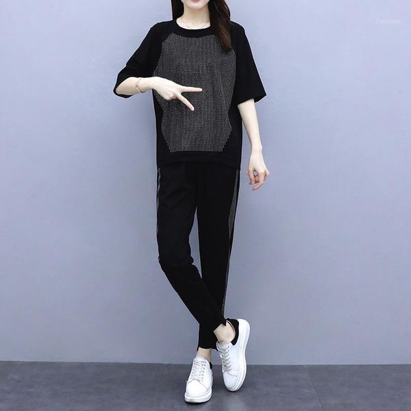 plus size tracksuits 2021 summer two piece set women fashion short sleeve rhinestone 2 high waist casual knitted tracksuit, Black
plus size tracksuits 2021 summer two piece set women fashion short sleeve rhinestone 2 high waist casual knitted tracksuit, Black