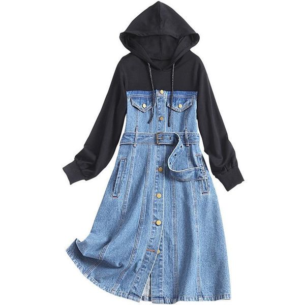 casual dresses denim dress women long sleeve belt hooded jeans female slim patchwork, Black;gray
casual dresses denim dress women long sleeve belt hooded jeans female slim patchwork, Black;gray