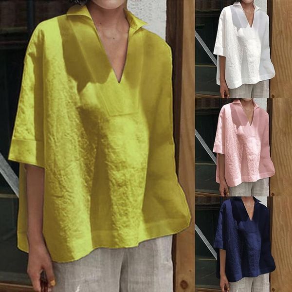 women's blouses & shirts vintage woman summer zanzea 2021 solid casual 3/4 sleeve blusas female v neck tunic cotton chemise oversize, White
women's blouses & shirts vintage woman summer zanzea 2021 solid casual 3/4 sleeve blusas female v neck tunic cotton chemise oversize, White