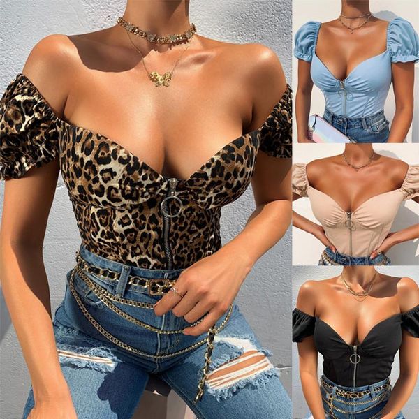 women's t-shirt frill puff sleeves low cut women summer v-neck zipper front skinny crop off shoulder bodycon tees, White
women's t-shirt frill puff sleeves low cut women summer v-neck zipper front skinny crop off shoulder bodycon tees, White