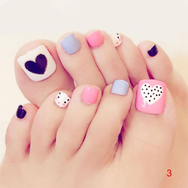 false nails 24 pcs/set 3d toe fake with glue foot full toes nail art tips lady girl mh88, Red;gold