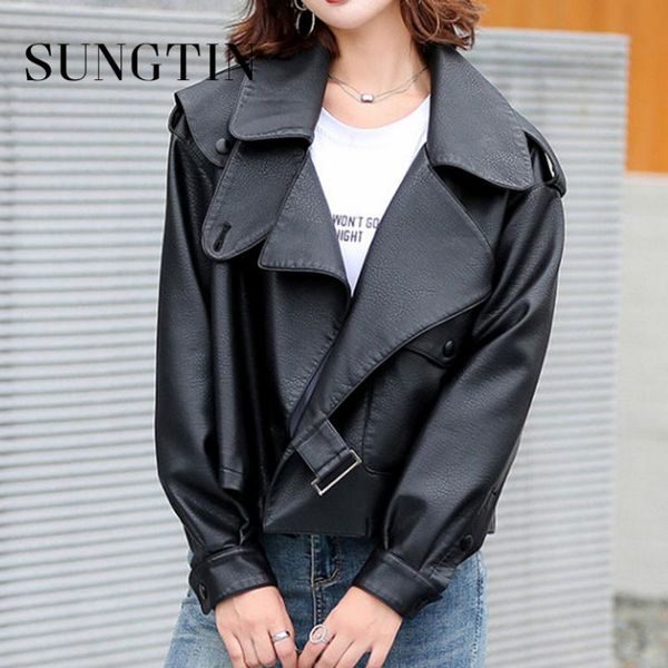 women's leather & faux sungtin korean style pu loose jacket women fashion streetwear motorcycle jackets boyfriend punk coat chic, Black
women's leather & faux sungtin korean style pu loose jacket women fashion streetwear motorcycle jackets boyfriend punk coat chic, Black