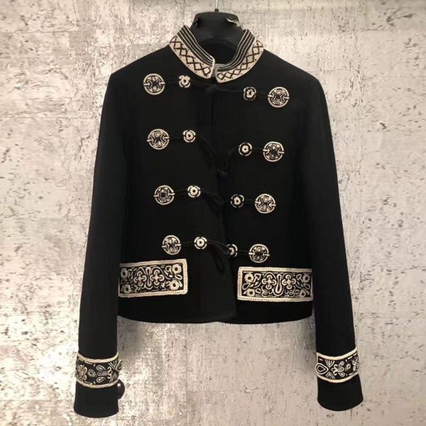 women's jackets vintage cour style embroidered horn buckle short jacket women stand collar slim coat, Black;brown
women's jackets vintage cour style embroidered horn buckle short jacket women stand collar slim coat, Black;brown