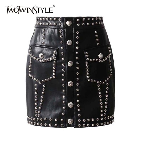 twotwinstyle heavy rivets pu leather skirts high waist single breasted mini skirt for women punk style spring fashion 210309, Black
twotwinstyle heavy rivets pu leather skirts high waist single breasted mini skirt for women punk style spring fashion 210309, Black