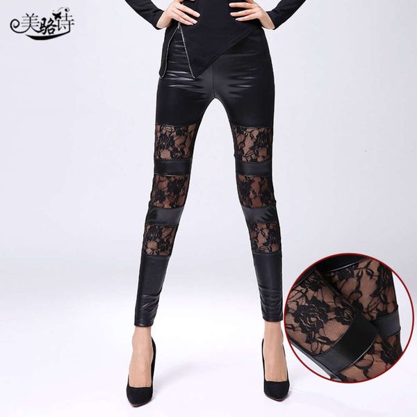 new rose lace stitching imitation nine point bottoms pencil leather pants, Black
new rose lace stitching imitation nine point bottoms pencil leather pants, Black