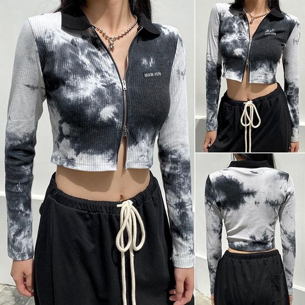women's t-shirt street style cardigan zipper lapel long sleeve ladies fashion tie dye short casual top, White
women's t-shirt street style cardigan zipper lapel long sleeve ladies fashion tie dye short casual top, White