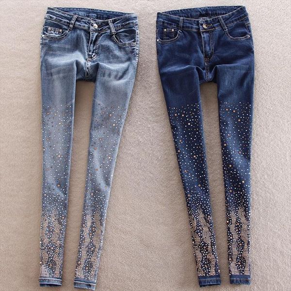 hole jeans women pants trousers diamond pencil pant, Blue