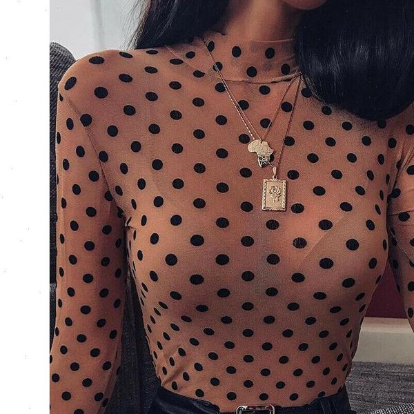 women shirts long sleeve see through sheer mesh high turtleneck polka dot shirt stretchy slim fit blouse, White
women shirts long sleeve see through sheer mesh high turtleneck polka dot shirt stretchy slim fit blouse, White