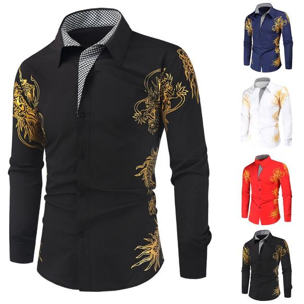 men's casual shirts gold dragon print floral long sleeve collared shirt formal button slim fit blouse autumn men clothing, White;black
men's casual shirts gold dragon print floral long sleeve collared shirt formal button slim fit blouse autumn men clothing, White;black