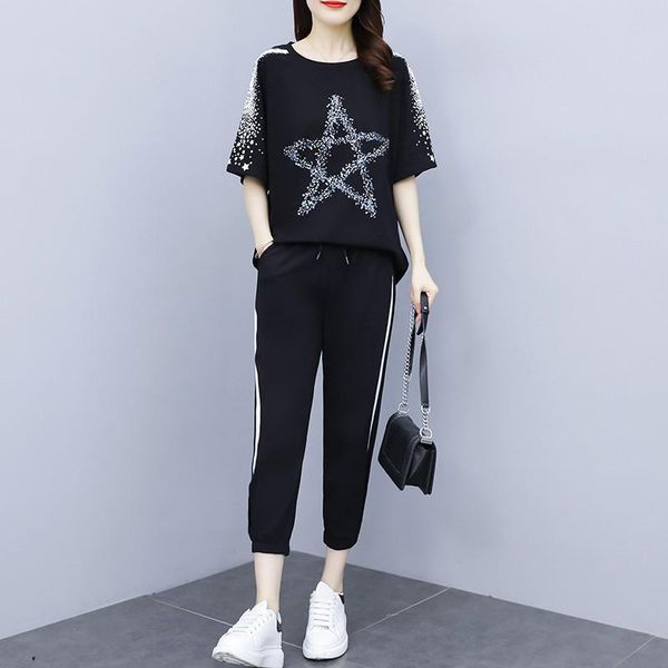 women's two piece pants fashion suit female summer printed round neck t-shirt + elastic waist nine-point casual plus size two-piece set, White
women's two piece pants fashion suit female summer printed round neck t-shirt + elastic waist nine-point casual plus size two-piece set, White