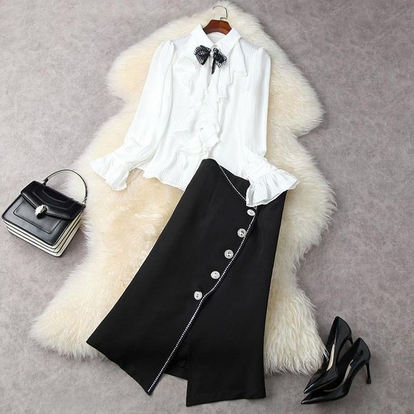 two piece dress women office outfits spring summer 2021 ruffles front bowknot flare sleeve shirts and drilling black skirts suit white 
two piece dress women office outfits spring summer 2021 ruffles front bowknot flare sleeve shirts and drilling black skirts suit white