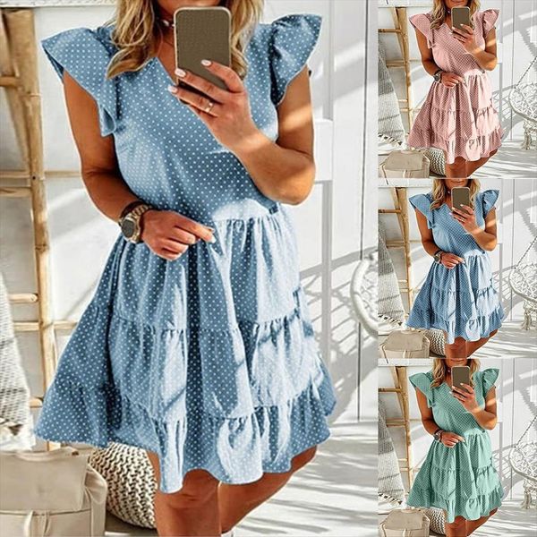 h40 vintage elegant women dress polka dot print v neck ruffle sleeve mini fashion summer ladies party, Black;gray
h40 vintage elegant women dress polka dot print v neck ruffle sleeve mini fashion summer ladies party, Black;gray