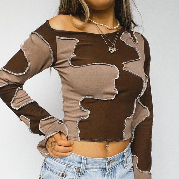 women's t-shirt women patchwork pullover brown long sleeve close-fitting crop , s/ / l/ xl, White
women's t-shirt women patchwork pullover brown long sleeve close-fitting crop , s/ / l/ xl, White