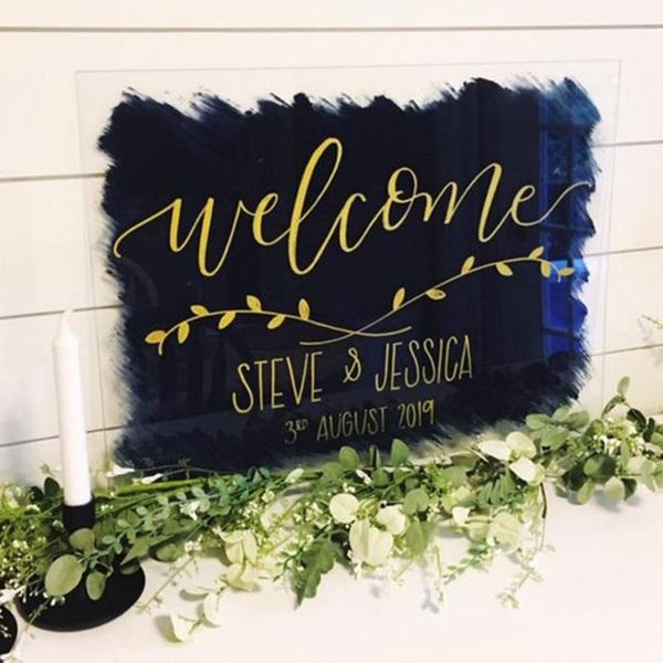 party decoration personalized plexiglass wedding welcome sign acrylic brushed background with alternative wreath decor
party decoration personalized plexiglass wedding welcome sign acrylic brushed background with alternative wreath decor