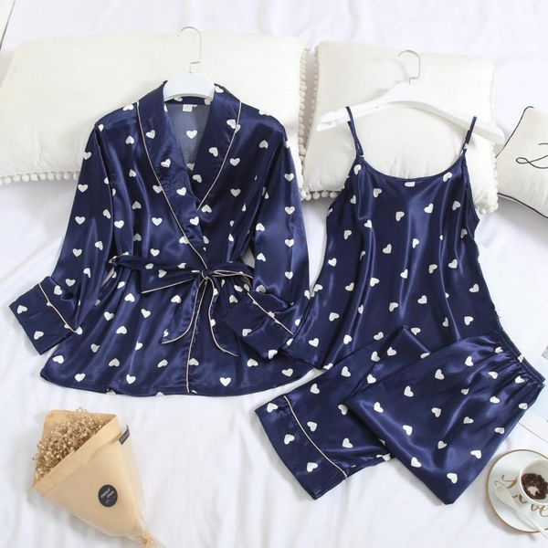 navy blue heart printing 3pcs paige suit pyjama belt 8mmw, Black;red