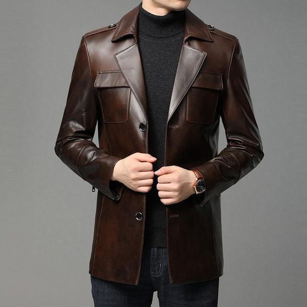 men's leather & faux windbreaker suit collar multi pocket sheep skin medium length brown red coat 2021 winter, Black
men's leather & faux windbreaker suit collar multi pocket sheep skin medium length brown red coat 2021 winter, Black