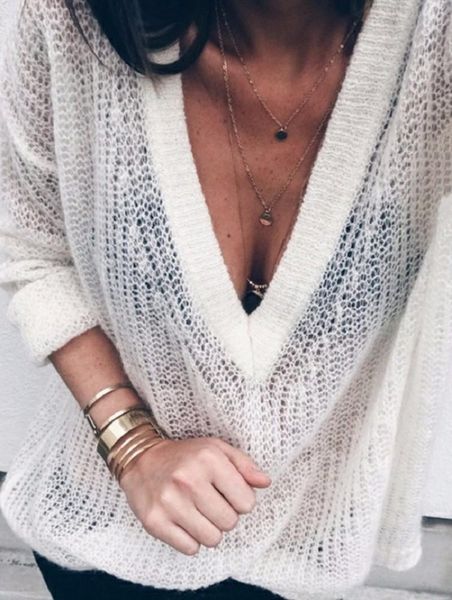 women's sweaters 2021 upper garment deep v neck solid color knitting sweater woman, White;black
women's sweaters 2021 upper garment deep v neck solid color knitting sweater woman, White;black