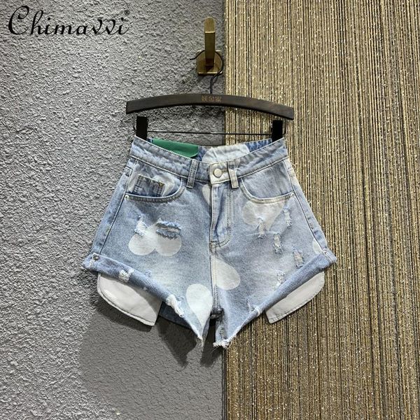 women's shorts women casual high waist heart print short jeans female summer straight curling hem all-match wide leg, White;black
women's shorts women casual high waist heart print short jeans female summer straight curling hem all-match wide leg, White;black