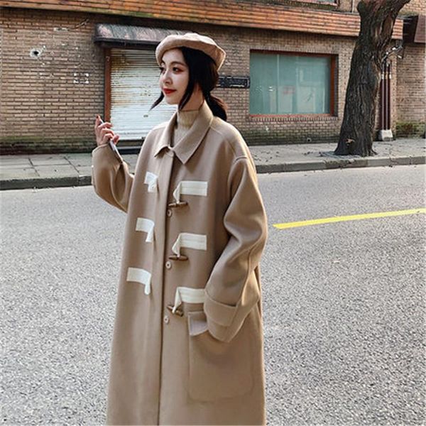 women's wool & blends 2021 solid horn buckle jacket pockets korean womens autumn winter coat casual loose long blend ladies coats m637, Black
women's wool & blends 2021 solid horn buckle jacket pockets korean womens autumn winter coat casual loose long blend ladies coats m637, Black