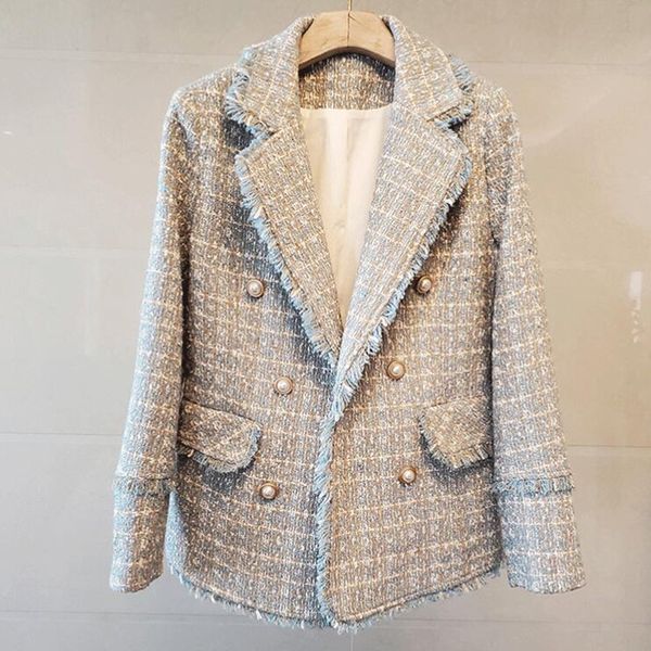 two piece dress women's tassel plaid jacket, double button long sleeve winter clothes, slotted clothes, White
two piece dress women's tassel plaid jacket, double button long sleeve winter clothes, slotted clothes, White