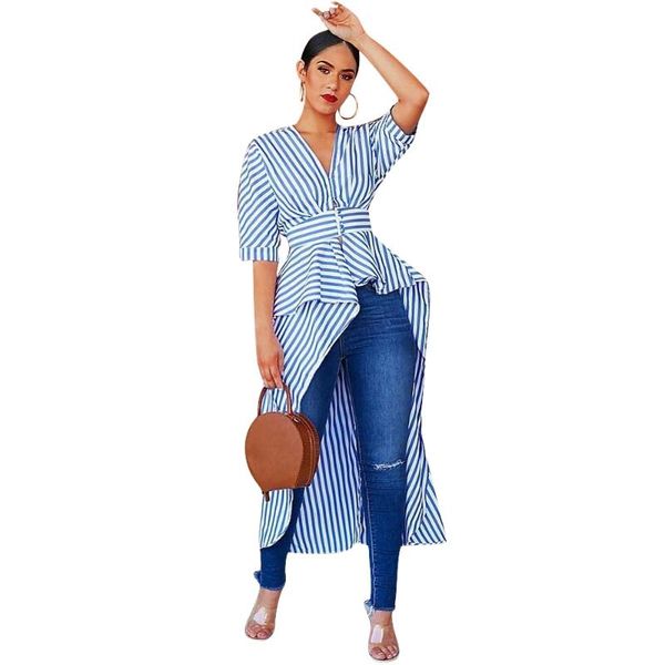 women's polos street summer v-neck blue and white striped long short shirt irregular top
women's polos street summer v-neck blue and white striped long short shirt irregular top