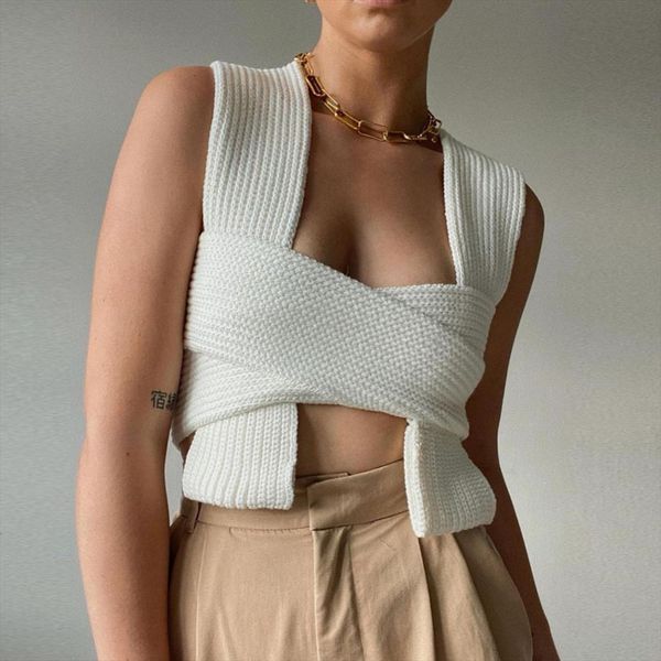 sleeveless knitted cropped women womens sweater vest casual jumper female bandage chic, White;black
sleeveless knitted cropped women womens sweater vest casual jumper female bandage chic, White;black