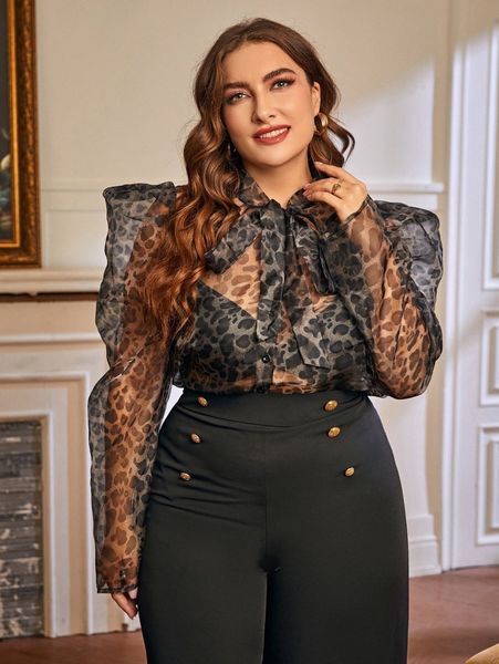 plus tie neck gigot sleeve leopard organza blouse without bra 17ef#, Black 
plus tie neck gigot sleeve leopard organza blouse without bra 17ef#, Black