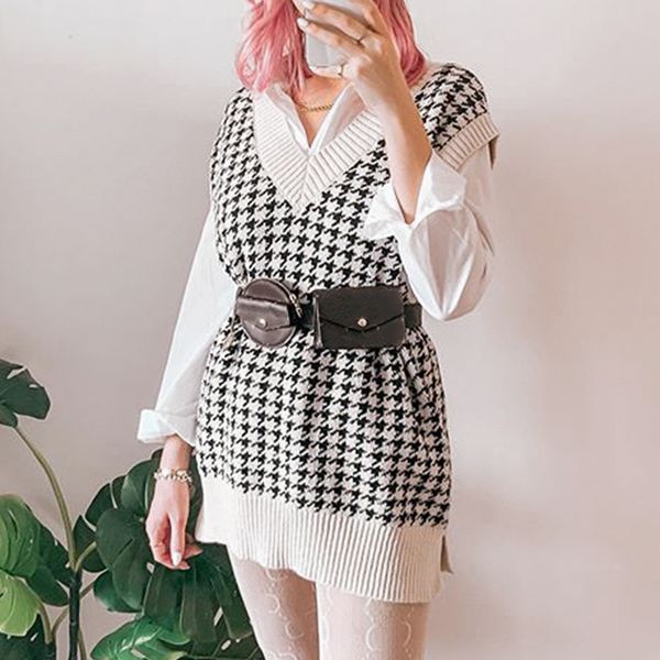 women sweater vest 2020 autumn knitted houndstooth v-neck pullover fashion oversized sleeveless female waistcoat jumper, Black;green
women sweater vest 2020 autumn knitted houndstooth v-neck pullover fashion oversized sleeveless female waistcoat jumper, Black;green