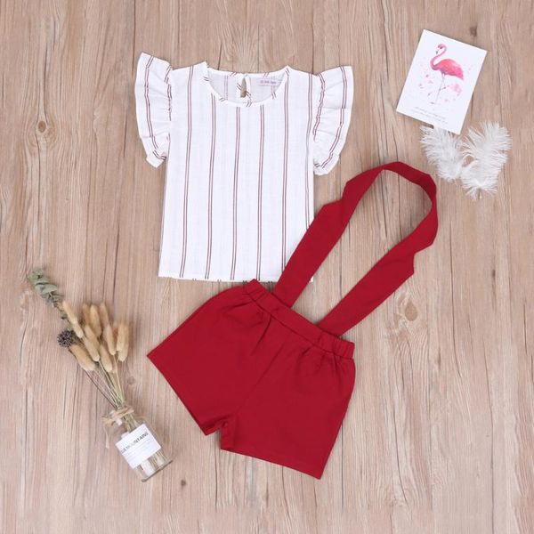 fashion children sets little girl suspenders set flying short sleeve vertical stripe solid color short pants 2pcs suits, White
fashion children sets little girl suspenders set flying short sleeve vertical stripe solid color short pants 2pcs suits, White