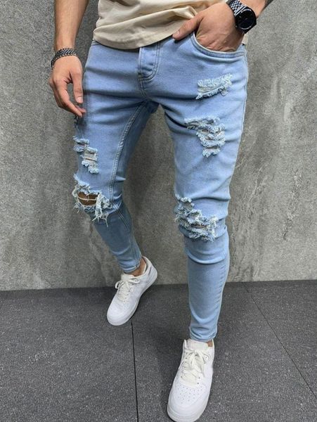 men slant pocket ripped jeans v6u1#, Blue