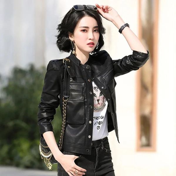 women's leather & faux pu round neck short jackets 2021 fashion autumn plus velvet windproof warm korean slim jacket, Black
women's leather & faux pu round neck short jackets 2021 fashion autumn plus velvet windproof warm korean slim jacket, Black