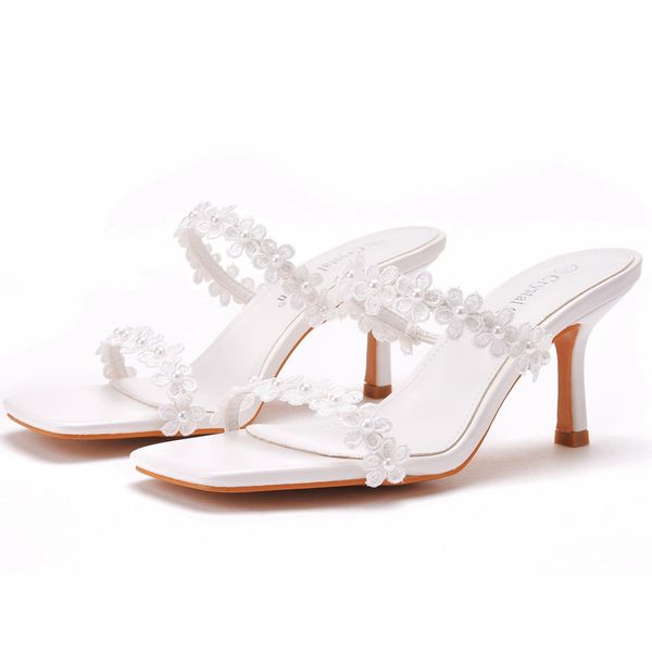 fashion white lace flower beaded women's shoes square head wine glass heel high-heeled slippers, Black
fashion white lace flower beaded women's shoes square head wine glass heel high-heeled slippers, Black