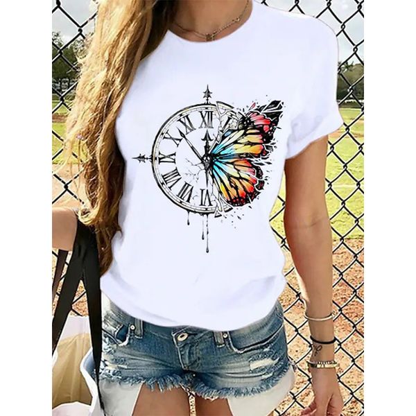 clock pattern women's fashion style 3d printing round neck casual streetwear summer basic short-sleeved t-shirt, White
clock pattern women's fashion style 3d printing round neck casual streetwear summer basic short-sleeved t-shirt, White