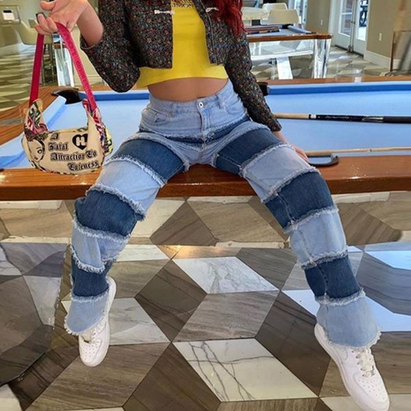 high-elastic waistband mom fashionable female jeans denim shredded stripe slacks 2021 new street style long pants pocket flk2, Blue