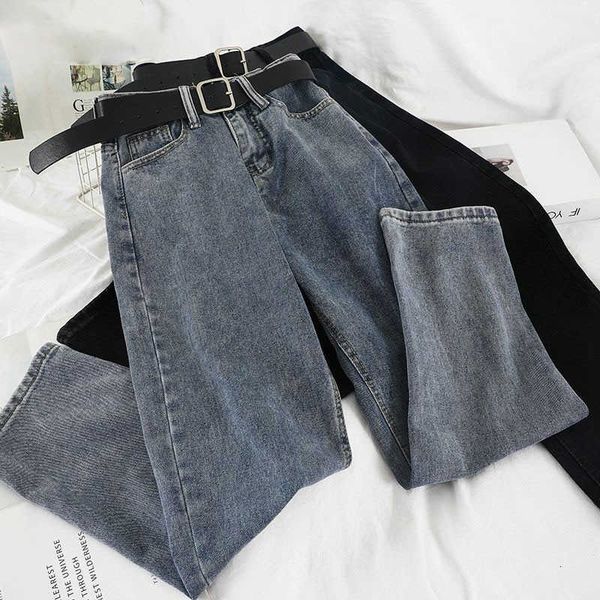 black high waist straight overalls pants women boyfriends long loose wide leg jeans vintage black streetwear with belt, Blue 
black high waist straight overalls pants women boyfriends long loose wide leg jeans vintage black streetwear with belt, Blue