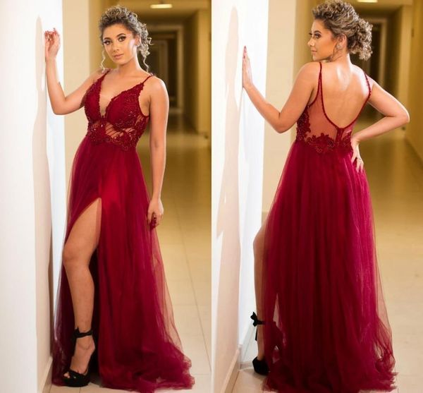 2021 burgundy prom dresses spaghetti straps split slit beaded formal evening gowns applique plus size dark red party guest dres, Black
2021 burgundy prom dresses spaghetti straps split slit beaded formal evening gowns applique plus size dark red party guest dres, Black