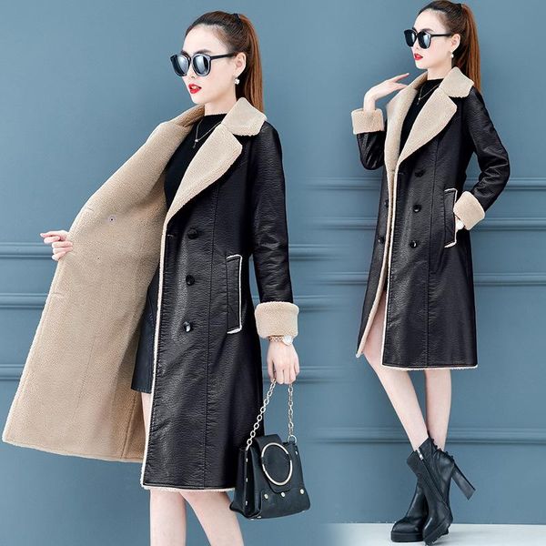 women's leather & faux mid-length winter korean version of the loose thin coat over knee lamb fur windbreaker, Black
women's leather & faux mid-length winter korean version of the loose thin coat over knee lamb fur windbreaker, Black