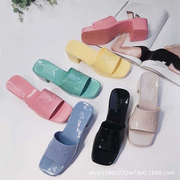 2021 new high-heeled thick soled slippers women's summer square head heel one line sandals g family candy jelly zlh, Black
2021 new high-heeled thick soled slippers women's summer square head heel one line sandals g family candy jelly zlh, Black